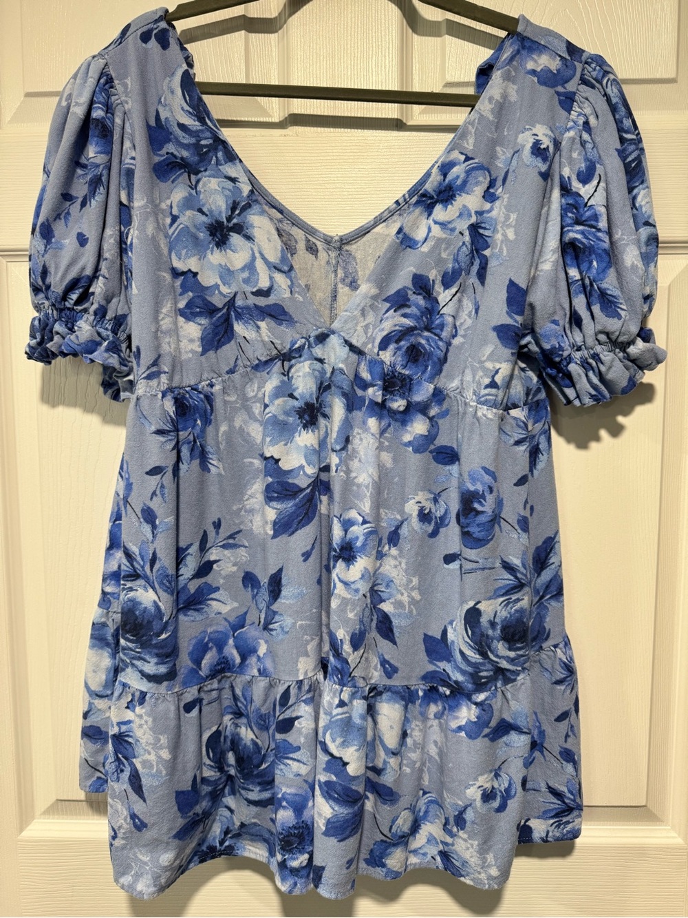Altar'd State Blue Floral V-Neck Puff Sleeve Mini Dress